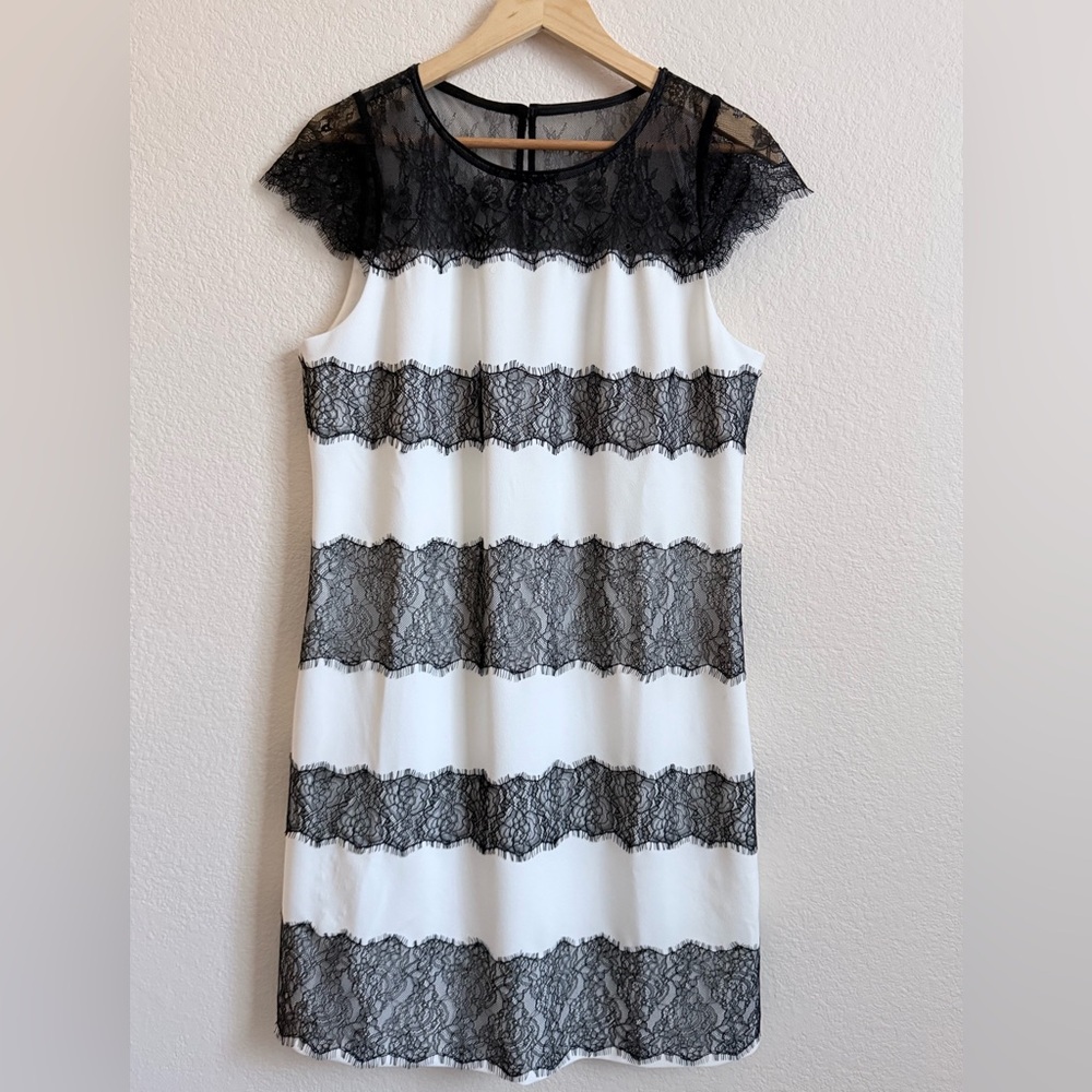 White House Black Market Contrast Lace Shift Dress – Ecru/Black – Size 12 – NWT